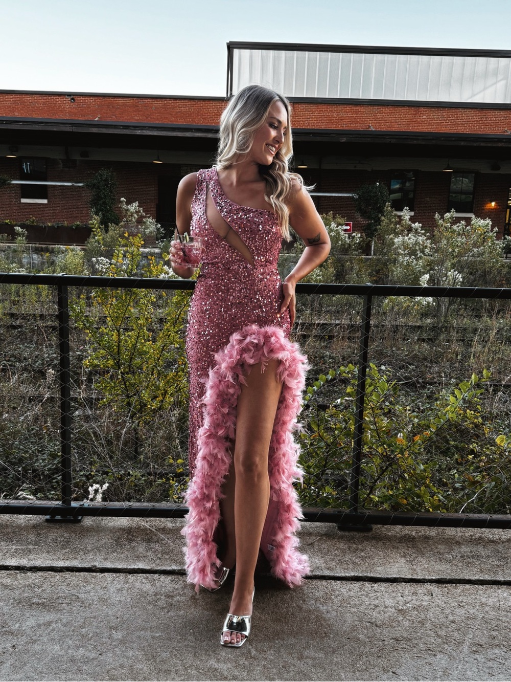 Pink Sequin Feather Trim Evening Gown
